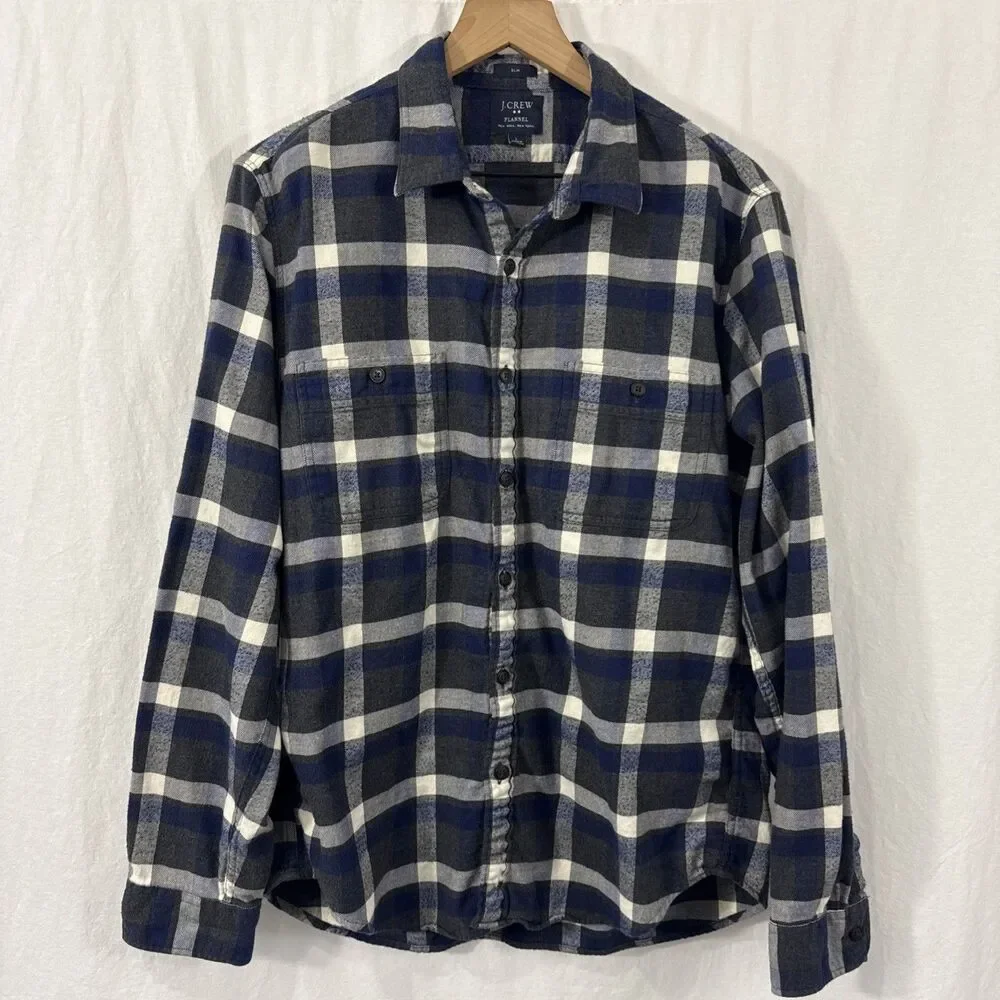 J Crew Slim Fit Flannel Gray Blue Plaid Button Up Shirt Mens L Outdoor Camping